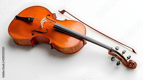 A captivating and photograph showcasing a beautiful cello with its elegant bow resting gracefully on a pristine white surface  This image captures the essence of classical music