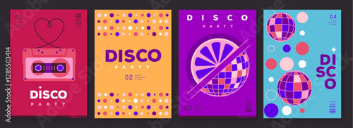 Set of retro disco party posters, covers or banners with disco ball. Disco background. Flat design. Vector illustration
