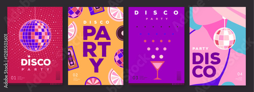 Set of retro disco party posters, covers or banners with disco ball. Disco background. Flat design. Vector illustration