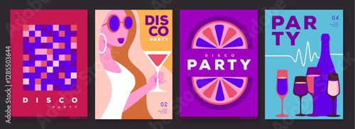 Set of retro disco party posters, covers or banners with disco ball. Disco background. Flat design. Vector illustration