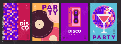 Set of retro disco party posters, covers or banners with disco ball. Disco background. Flat design. Vector illustration