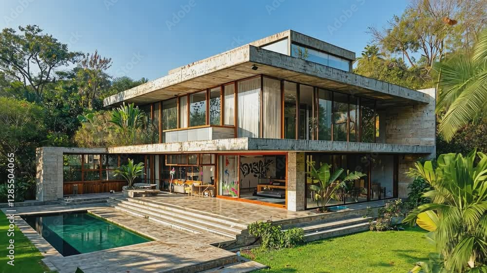 Luxurious Modern Villa: Captivating shot of a luxurious, modern villa with clean lines and expansive windows, seamlessly blending with the lush tropical landscape, showcasing elegance and tranquility. Luxurious Modern Villa: Captivating shot of a luxurious, modern villa with clean lines and expansive windows, seamlessly blending with the lush tropical landscape, showcasing elegance and tranquility.