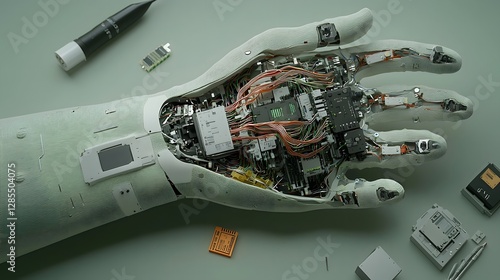 A close up view of a cyborg s partially opened forearm exposing the intricate wiring microprocessors and synthetic skin that comprise the advanced robotic technology beneath the surface photo