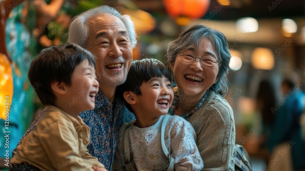 Fototapeta premium Asian family travel selfie. Happy Multigenerational Asian Family Laughing Together Indoors
