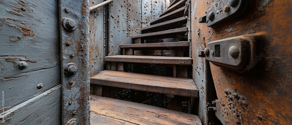 Rusty spiral stairs in old ship. Background metal walls. Use industrial design