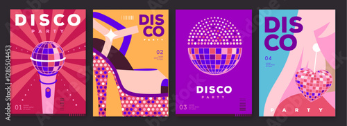 Set of retro disco party posters, covers or banners with disco ball. Disco background. Flat design. Vector illustration