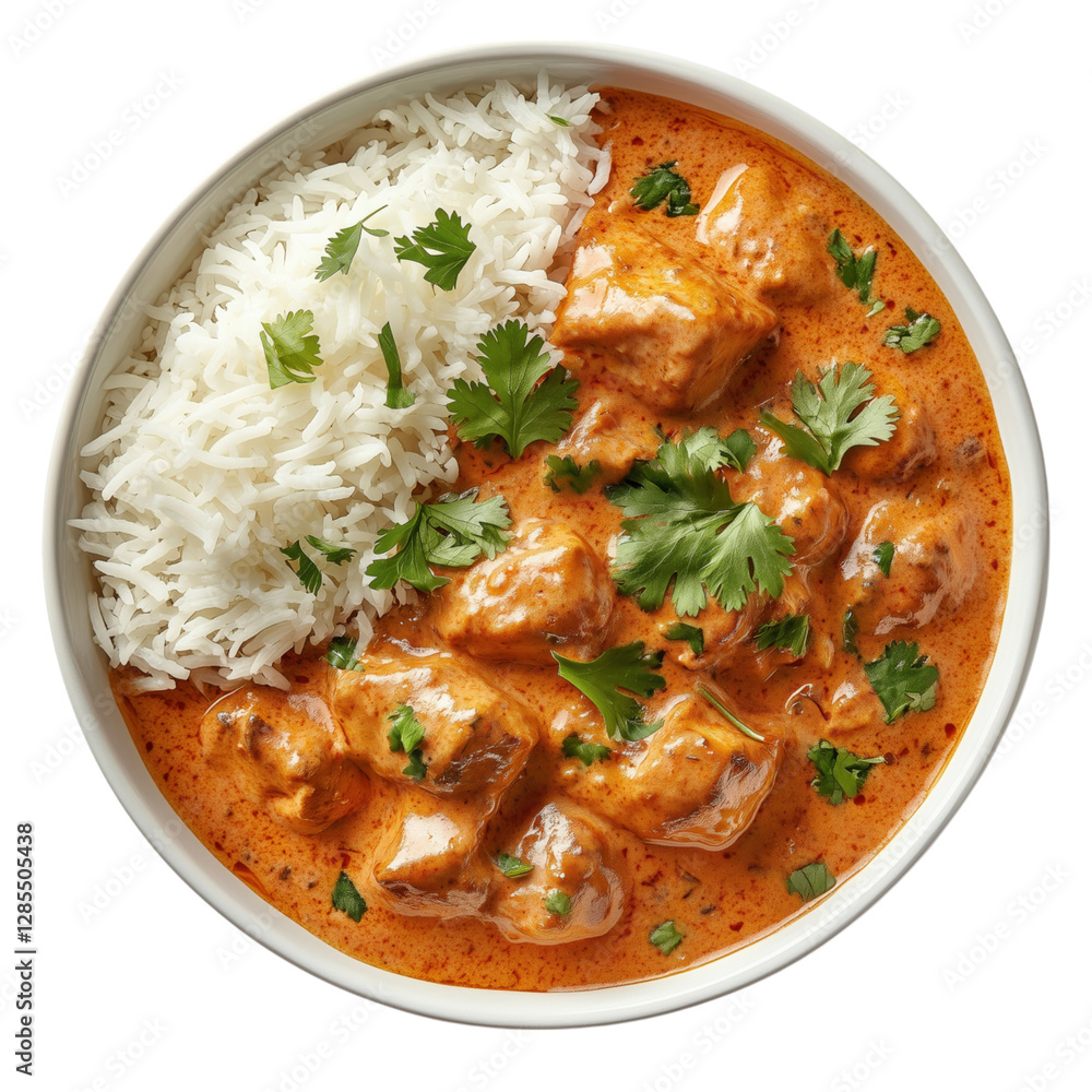 Delicious bowl of chicken curry with creamy sauce, served with white rice and garnished with fresh cilantro. Perfect for dinner or meal inspiration. Delicious bowl of chicken curry with creamy sauce, served with white rice and garnished with fresh cilantro. Perfect for dinner or meal inspiration.