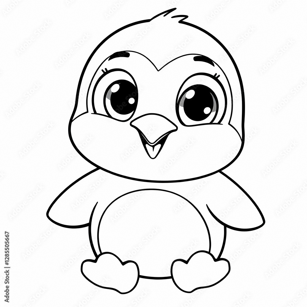 Cute Cartoon Penguin Big Eyes Chibi Style Black and White Line Drawing Kawaii Baby Penguin Chick Minimalist Design Cute Cartoon Penguin Big Eyes Chibi Style Black and White Line Drawing Kawaii Baby Penguin Chick Minimalist Design