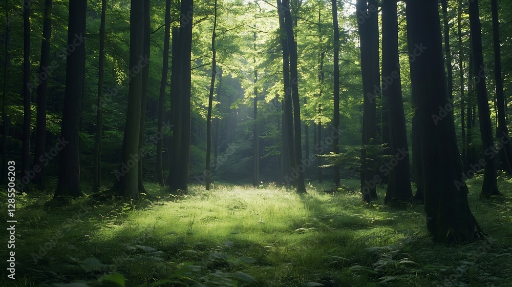 Obraz premium Sunlight Streaming Through Lush Green Trees in a Tranquil Forest Environment : Generative AI