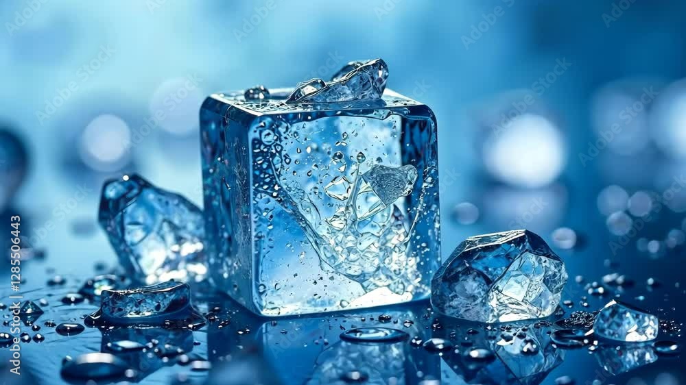 Melting ice cubes and water droplets transition on reflective surface Melting ice cubes and water droplets transition on reflective surface