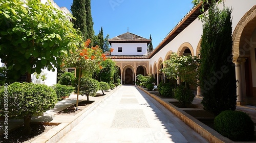 Elegant Courtyard in Historic Alhambra with Lush Greenery and Architecture : Generative AI