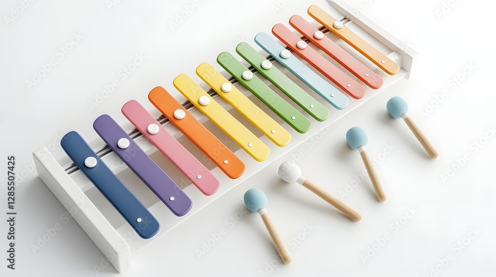 Naklejka premium A photo of a colorful xylophone with vibrant wooden bars and mallets resting on a clean white surface showcasing the musical instrument s versatility and potential for creativity education