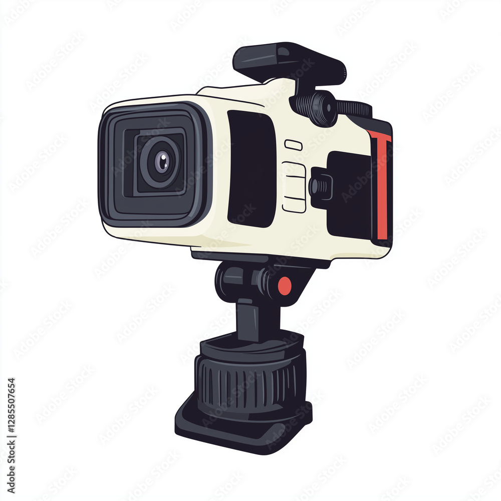 Vector illustration of a white and black action camera on a sturdy mount, designed for outdoor filming and vlogging Vector illustration of a white and black action camera on a sturdy mount, designed for outdoor filming and vlogging