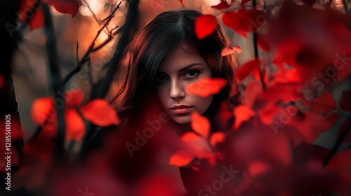 Wallpaper Mural A woman embraced by red autumn leaves, symbolizing nature's serene beauty.
 Torontodigital.ca