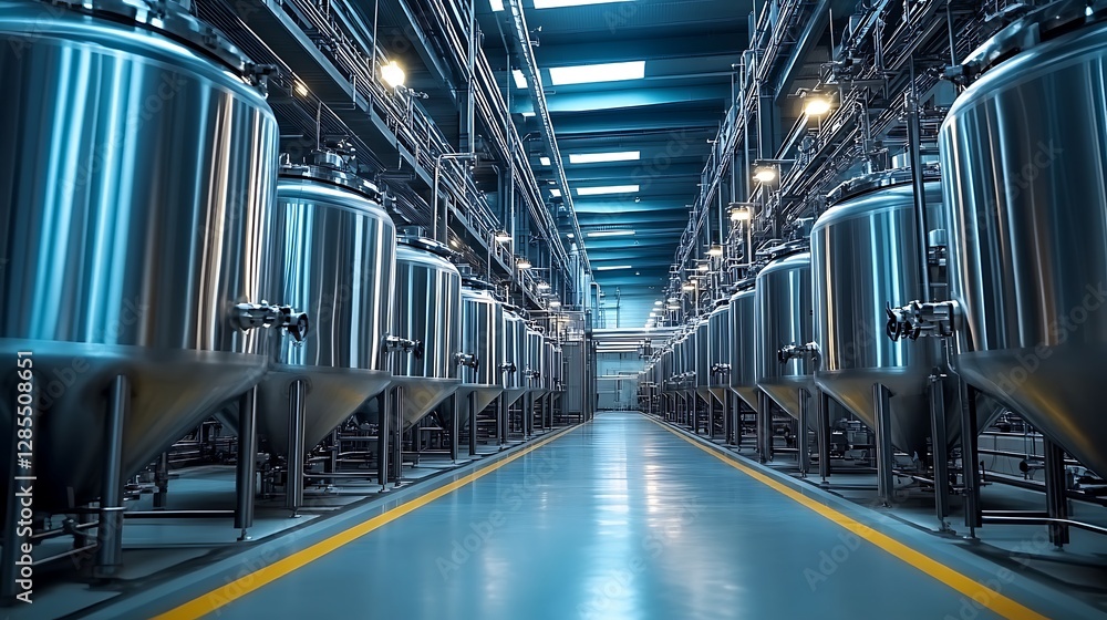 Fototapeta premium Industrial dairy production plant. Rows of large stainless steel tanks for milk storage, processing. Pipes