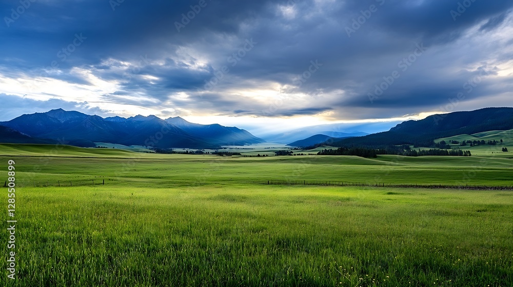 Fototapeta premium Stunning Panoramic View of Lush Green Fields Under Dramatic Cloudy Sky : Generative AI