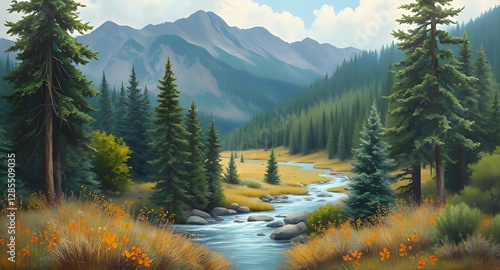 Fototapeta Naklejka Na Ścianę i Meble -  mountain river in the mountains oil paint