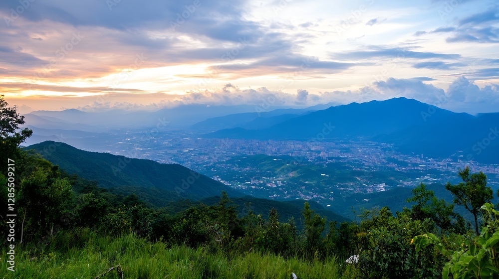 Stunning panoramic view of a sunset over a lush green mountain landscape with a city below : Generative AI Stunning panoramic view of a sunset over a lush green mountain landscape with a city below : Generative AI