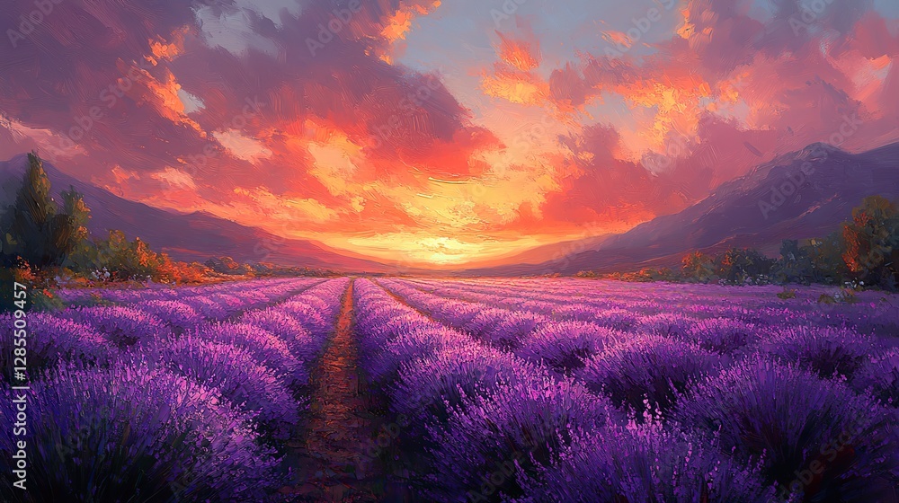 Obraz premium An oil painting depicting a lavender field in a hilly landscape, with rows of purple flowers stretching into the distance under a summer sunset