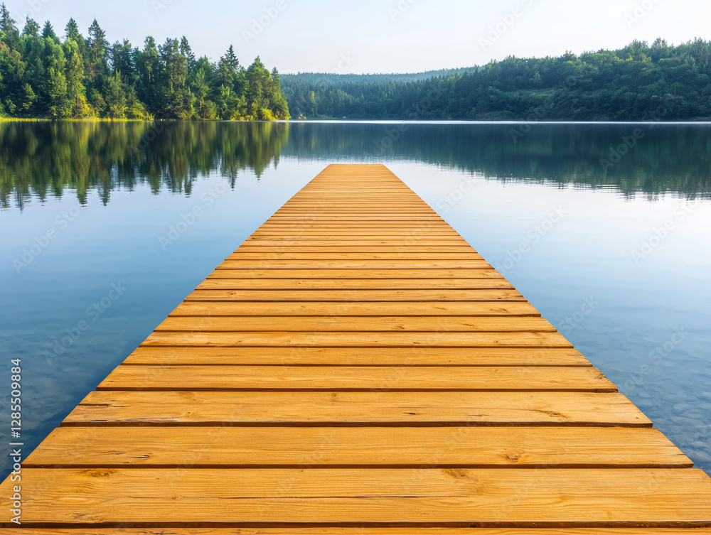 serene wooden pier extends into calm lake surrounded by lush trees serene wooden pier extends into calm lake surrounded by lush trees