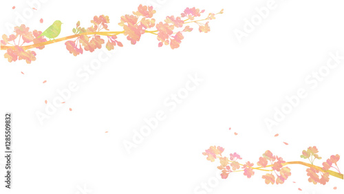 桜の木と小鳥のコラージュイラスト　春の背景素材
