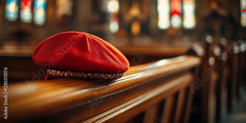 Red zucchetto resting on wooden bench in vatican church photo