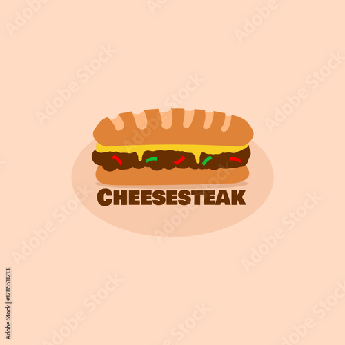 National Cheesesteak Day to celebrate on March 24th. Illustration of a long sandwich containing meat and cheese on beige background. Food event banner.