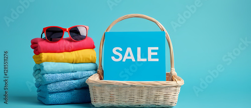 Colorful towels stacked neatly beside a basket with a sale sign in a bright, playful setting. Generative AI