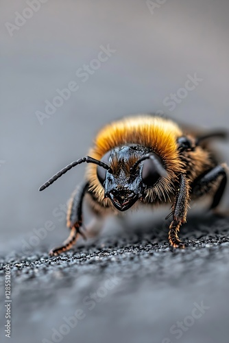 Detailed Macro Shot of a Bumblebee Crawling Over a Dark Surface Capturing Insect Beauty : Generative AI photo