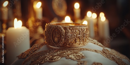 Golden papal tiara resting on embroidered cloth in candlelit vatican setting