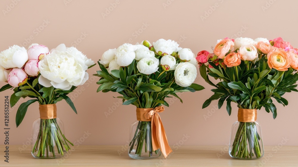 Obraz premium Beautifully arranged bouquets in a flower shop Concept, Elegant Bouquets of Peonies and Ranunculus Tied with Silk Ribbon Against a Soft Background