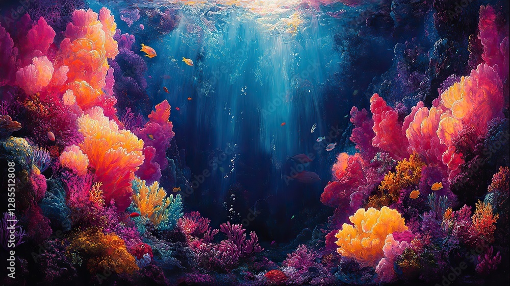 Obraz premium An underwater abstract art piece featuring a vibrant coral reef teeming with colorful fish