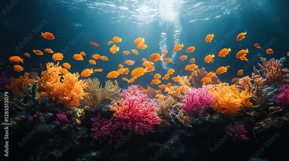 Obraz premium An underwater abstract art piece featuring a vibrant coral reef teeming with colorful fish