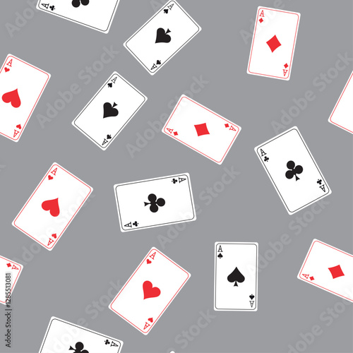 Seamless pattern with playing cards. Playing cards scattered on the table. Suits of playing cards - Spades, Hearts, Clubs, Diamonds. Texture background. Wallpaper template.