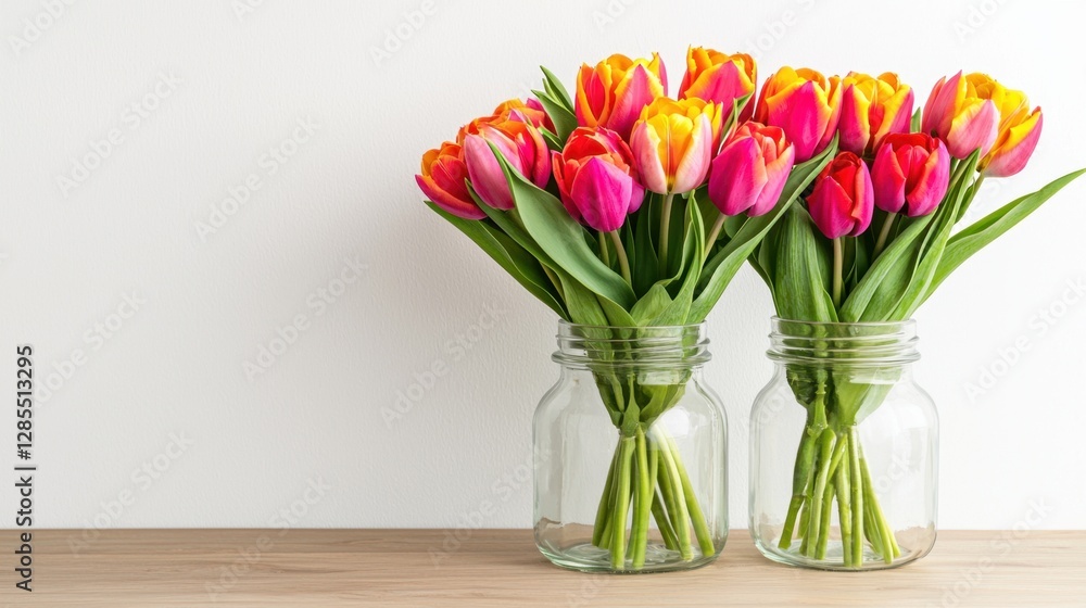 Beautifully arranged bouquets in a flower shop Concept, Charming Flower Shop Interior Featuring Neatly Arranged Tulips in Glass Jars on Wooden Table Beautifully arranged bouquets in a flower shop Concept, Charming Flower Shop Interior Featuring Neatly Arranged Tulips in Glass Jars on Wooden Table