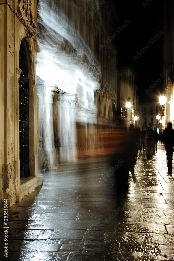 Fototapeta premium Motion Blur of Pedestrians Walking in a Nighttime Urban Setting : Generative AI
