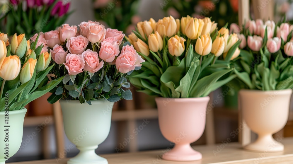 Beautifully arranged bouquets in a flower shop Concept, Vintage Floral Shop Interior with Elegant Vases Filled with Fresh Roses and Tulips in Soft Pastel Colors Beautifully arranged bouquets in a flower shop Concept, Vintage Floral Shop Interior with Elegant Vases Filled with Fresh Roses and Tulips in Soft Pastel Colors
