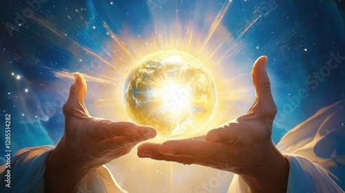 Divine Hands Holding Glowing Earth Celestial Light