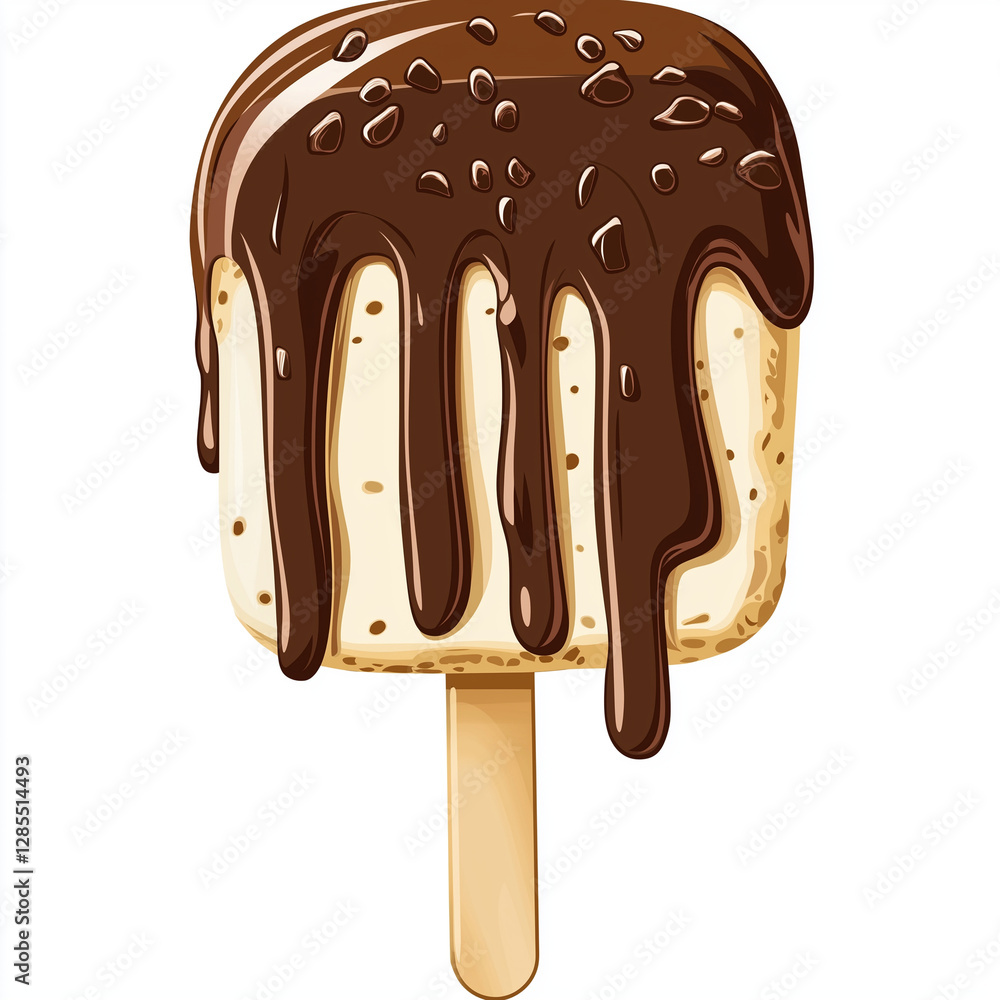 Obraz premium Delicious vanilla ice cream bar coated in rich chocolate with dripping glaze, served on a wooden stick for a sweet frozen treat.