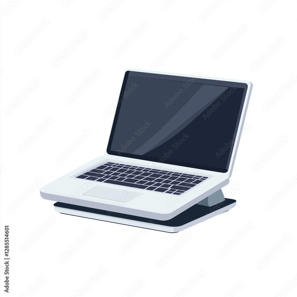 Modern laptop on a sleek black stand, designed to improve ergonomics and workspace organization for office or home setups Modern laptop on a sleek black stand, designed to improve ergonomics and workspace organization for office or home setups