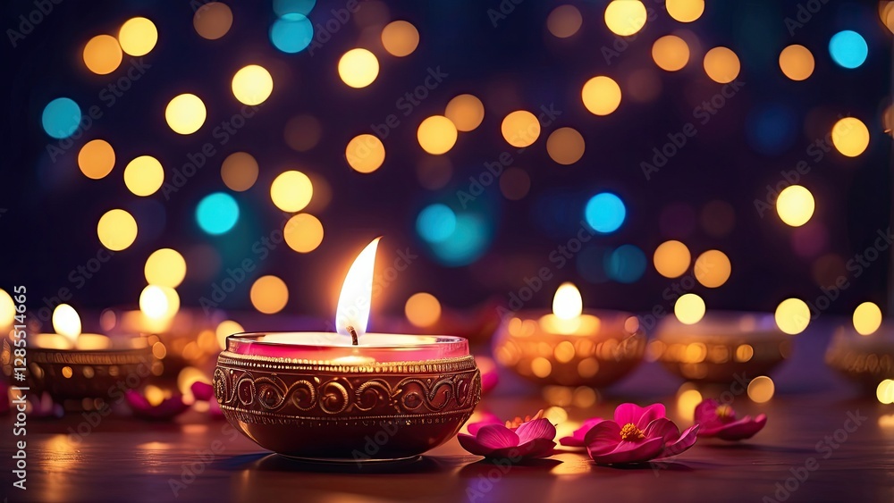A decorative oil lamp emits a bright flame, surrounded by a colorful array of flower petals in shades of pink, A decorative oil lamp emits a bright flame, surrounded by a colorful array of flower petals in shades of pink,
