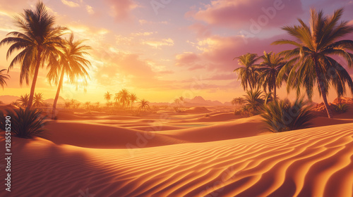 An endless desert with rolling golden sand dunes, bathed in the warm light of the setting sun. In the distance, a hidden oasis shimmers under the sunlight