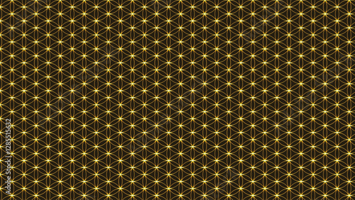 Geometric gold floral pattern. Abstract seamless background. Flower circle and element. Curved lines. Line art. Isolated on black. Pattern for web, printing, fashion, fabric, decoration, clothing.
