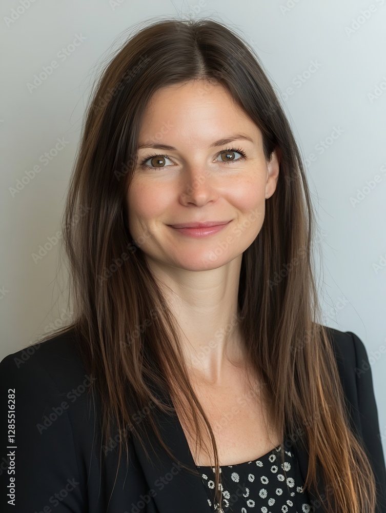 Smiling young woman with long brown hair wearing a professional outfit : Generative AI Smiling young woman with long brown hair wearing a professional outfit : Generative AI