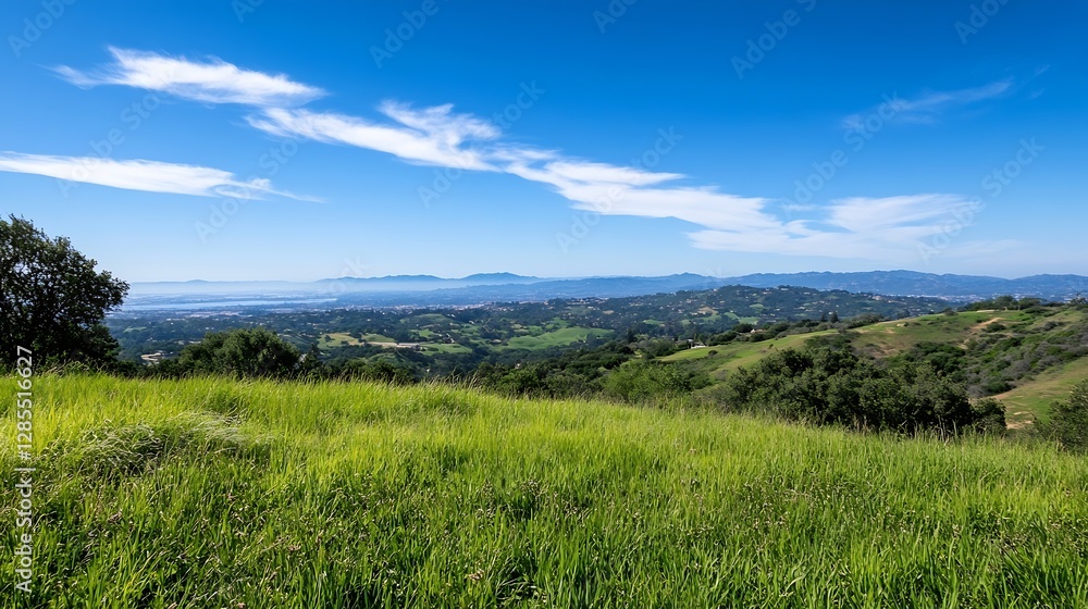 Obraz premium Stunning Panoramic View of Green Hills and Blue Sky : Generative AI