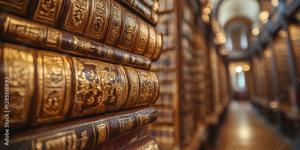 Fototapeta premium Ancient gold decorated books stacked in vatican library