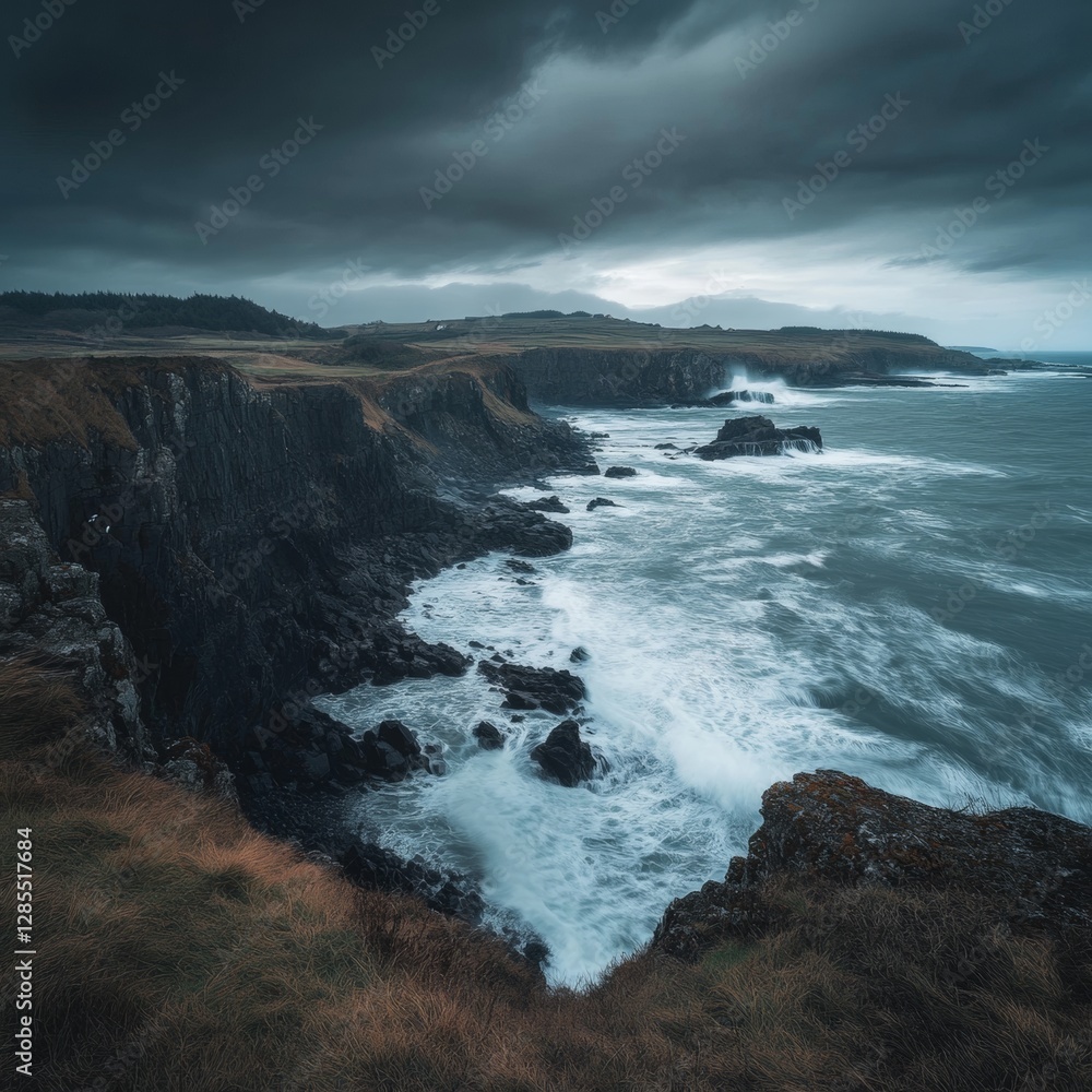 Obraz premium Dark, moody coastal cliffs captured under stormy skies during the early evening