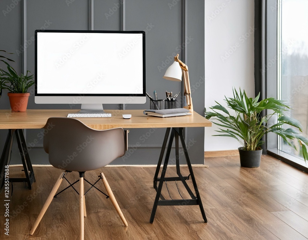 Workplace interior with table and computer on parquet floor. Mockup Workplace interior with table and computer on parquet floor. Mockup
