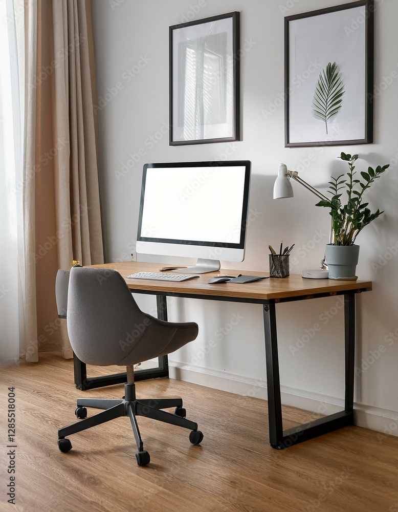 Workplace interior with table and computer on parquet floor. Mockup Workplace interior with table and computer on parquet floor. Mockup