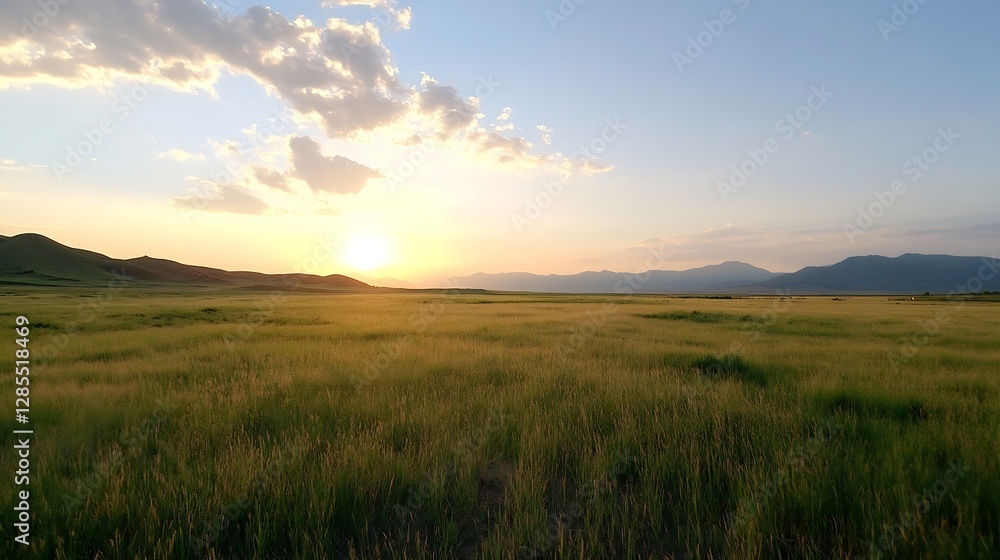 Breathtaking Sunset Over Rolling Fields with Vibrant Clouds and Mountains in Distance : Generative AI Breathtaking Sunset Over Rolling Fields with Vibrant Clouds and Mountains in Distance : Generative AI